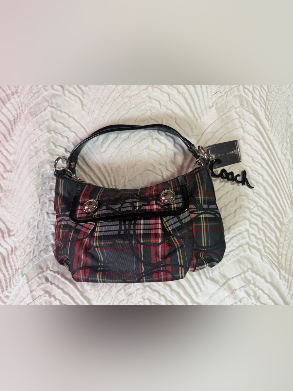 Coach Plaid Shoulder Bag in Black and Red with Yellow Accent